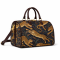 Stalking Leopard luxury travel bag with botanical print and leather handles