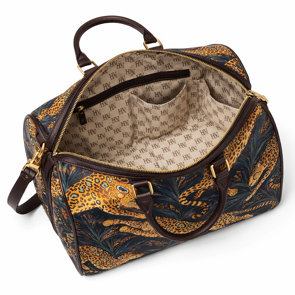 Leopard print duffel bag with gold accents on a white background